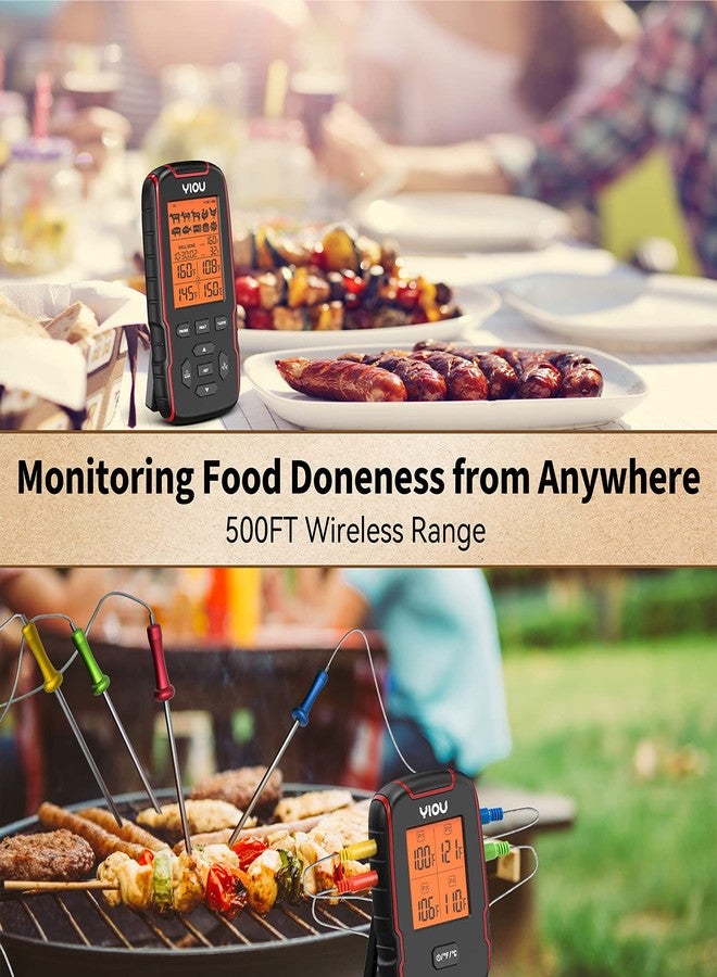 YIOU Wireless Meat Thermometer for Cooking, Digital Meat Thermometer with 4 Probes, 500FT Ultra Accurate & Fast Food Thermometer for Oven, Smoker, Red - Image 2